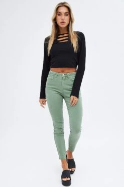 Green Skinny Denim Jeans Mid Rise