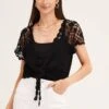 Black Crochet Cardigan Short Sleeve Tie Up