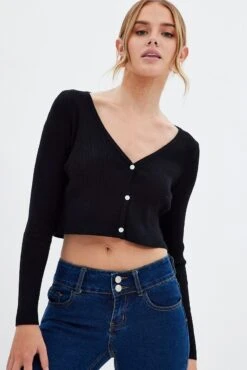 Black Knit Cardigan Long Sleeve -FabWear Shop fitted cardigan black knit cardigan long sleeve 33580415451329