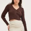 Brown Knit Cardigan Long Sleeve V-Neck Cut Out