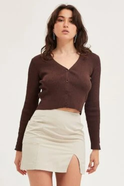 Brown Knit Cardigan Long Sleeve V-Neck Cut Out 8 Brown Knit Cardigan Long Sleeve V-Neck Cut Out -FabWear Shop fitted cardigan brown knit cardigan long sleeve v neck cut out 32966413746369