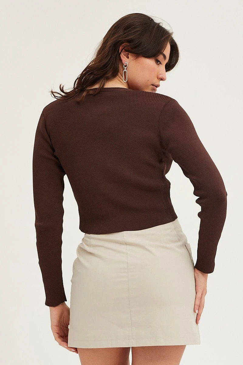 Brown Knit Cardigan Long Sleeve V-Neck Cut Out 5 Brown Knit Cardigan Long Sleeve V-Neck Cut Out - Image 5