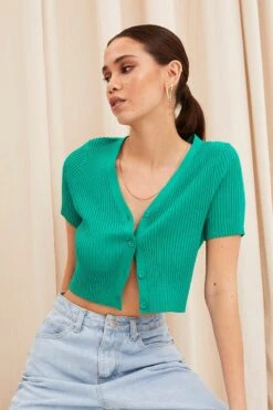 Green Knit Cardigan Short Sleeve -FabWear Shop fitted cardigan green knit cardigan short sleeve 33126758547649