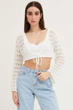 White Knit Cardigan Long Sleeve Crochet -FabWear Shop fitted cardigan white knit cardigan long sleeve crochet 33006994456769