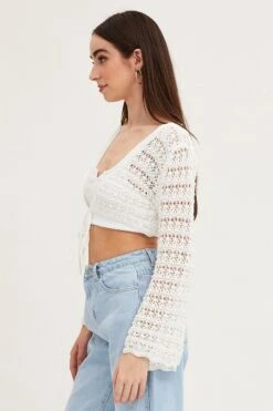 White Knit Cardigan Long Sleeve Crochet -FabWear Shop fitted cardigan white knit cardigan long sleeve crochet 33006994489537