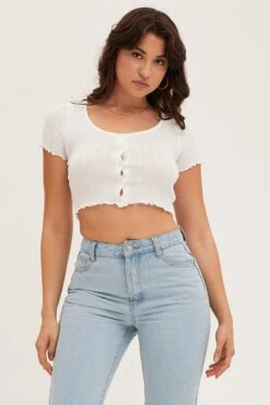 White Knit Cardigan Short Sleeve Crop Round Neck