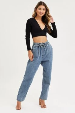 Blue High Rise Balloon Fit Denim Jeans -FabWear Shop hw boyfriend jean blue high rise balloon fit denim jeans 32967350321345