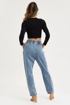 Blue High Rise Balloon Fit Denim Jeans -FabWear Shop hw boyfriend jean blue high rise balloon fit denim jeans 32967350452417