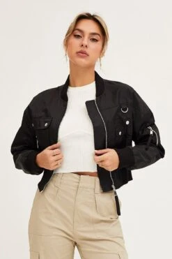 Black Long Sleeve Cropped Utility Bomber Jacket