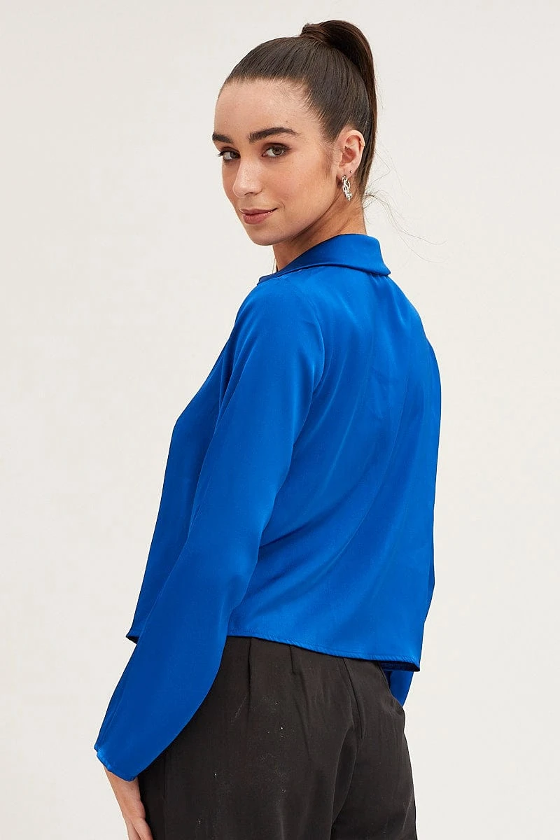 Blue Satin Long Sleeve Collared Chain-Link Front Jacket 5 Blue Satin Long Sleeve Collared Chain-Link Front Jacket - Image 5