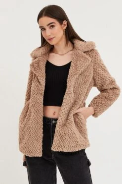 Brown Faux Fur Jacket Long Sleeve