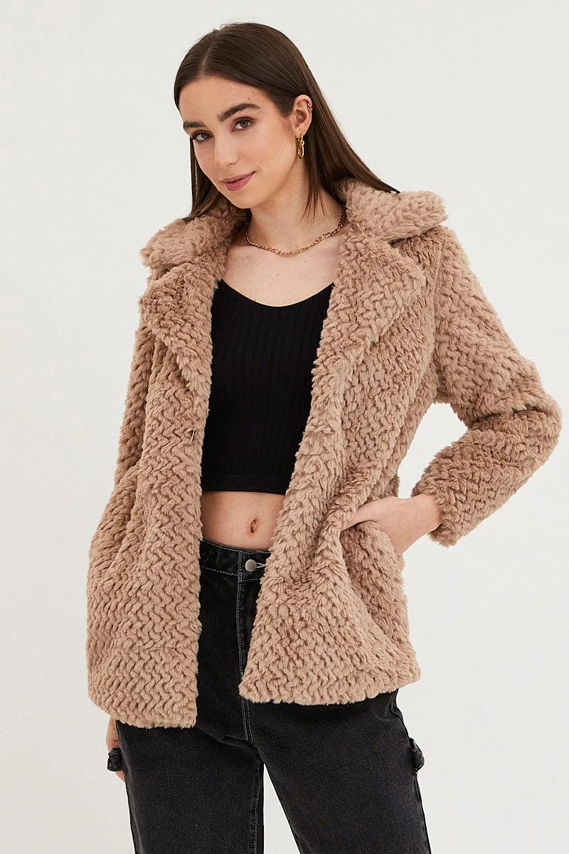 Brown Faux Fur Jacket Long Sleeve 1 Brown Faux Fur Jacket Long Sleeve