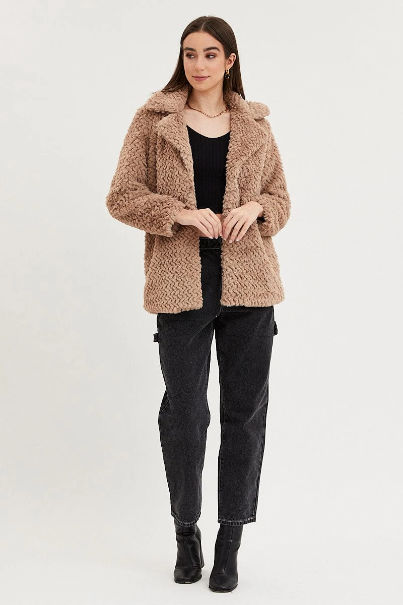 Brown Faux Fur Jacket Long Sleeve 2 Brown Faux Fur Jacket Long Sleeve - Image 2