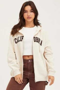 Beige Graphic Jacket Long Sleeve Oversized