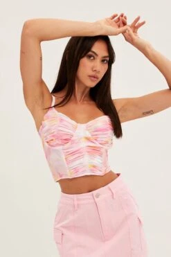 Print Abstract Print Crop Cami Sleeveless Sweetheart Corset Mesh