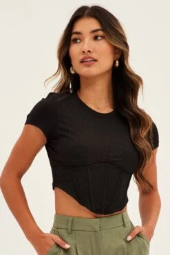 Black Corset Top Short Sleeve Crew Neck Crop Baby Tee