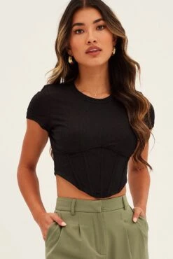 Black Corset Top Short Sleeve Crew Neck Crop Baby Tee -FabWear Shop jc1189 81wb black 3