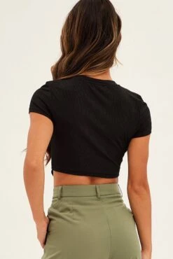 Black Corset Top Short Sleeve Crew Neck Crop Baby Tee -FabWear Shop jc1189 81wb black 5