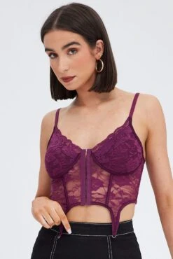 Purple Corset Top Sleeveless Sweetheart Crop Garter Lace -FabWear Shop jc1274 47w plum 3