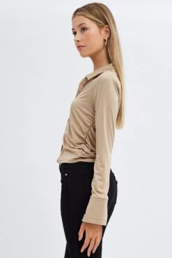 Beige Long Sleeve Shirt Collared Side Ruched -FabWear Shop jc1284 47w camel 4
