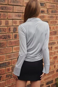 Grey Long Sleeve Shirt Collared Side Ruched -FabWear Shop jc1284 47wb grey 5