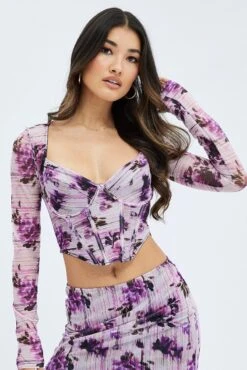 Purple Floral Corset Top Long Sleeve Crop 8 Purple Floral Corset Top Long Sleeve Crop -FabWear Shop jc1424aax 36w floral 3