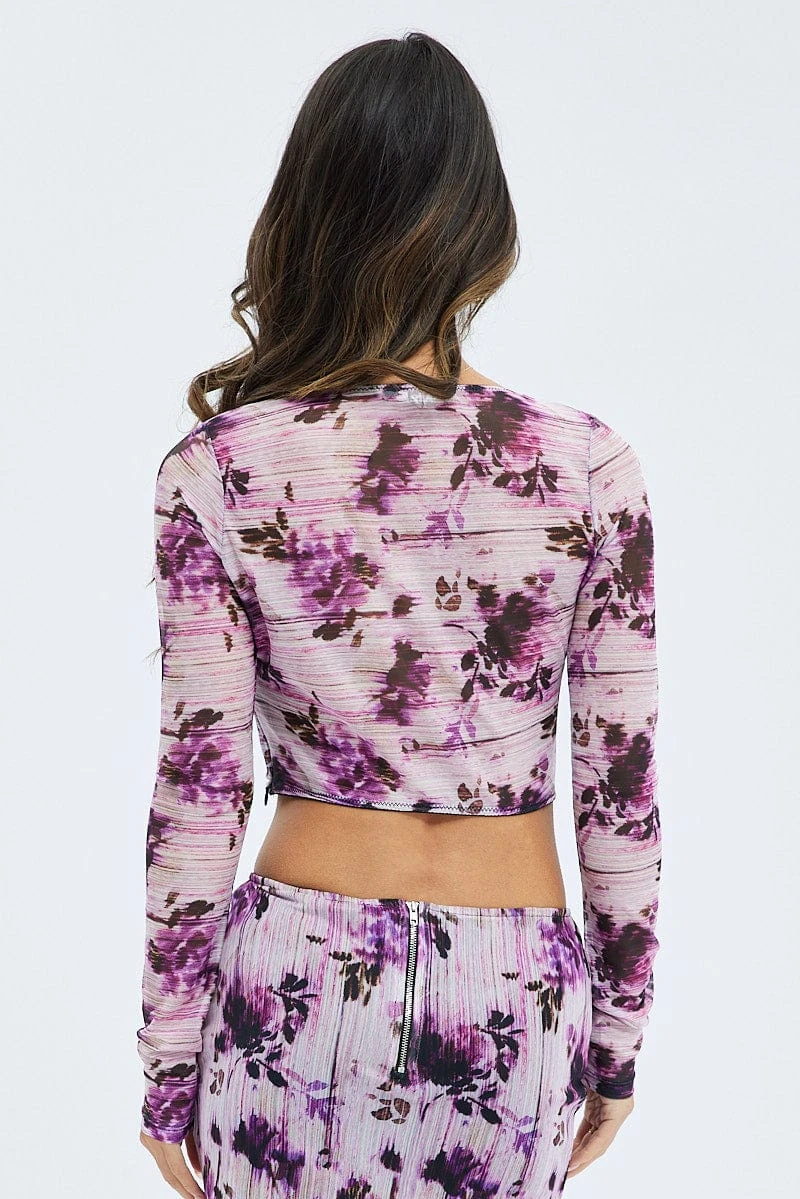 Purple Floral Corset Top Long Sleeve Crop 5 Purple Floral Corset Top Long Sleeve Crop - Image 5
