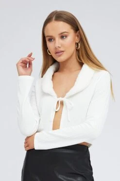 White Cardigan Crop Long Sleeve Faux Fur V Neck -FabWear Shop jc1443 84wb cream 3