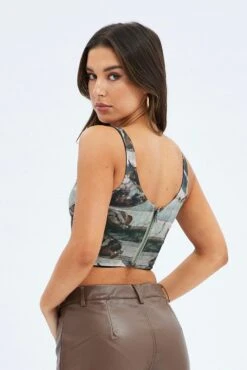 Brown Abstract Corset Top Sleeveless Printed Mesh -FabWear Shop jc1630 84w abstract 5