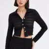 Black Crop Shirt Long Sleeve Collar Textured