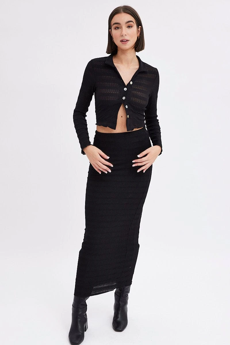 Black Crop Shirt Long Sleeve Collar Textured 2 Black Crop Shirt Long Sleeve Collar Textured - Image 2