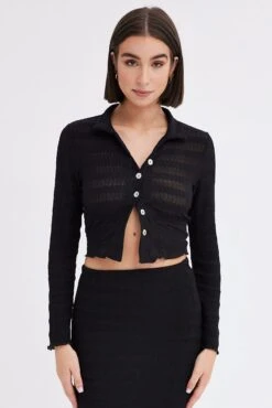 Black Crop Shirt Long Sleeve Collar Textured 8 Black Crop Shirt Long Sleeve Collar Textured -FabWear Shop jcc9239lx 43m black 3