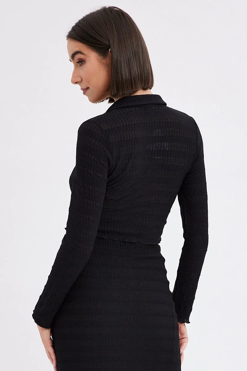 Black Crop Shirt Long Sleeve Collar Textured 5 Black Crop Shirt Long Sleeve Collar Textured - Image 5