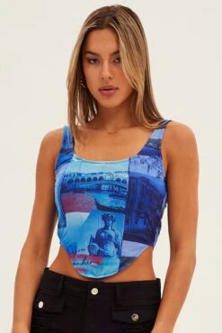 Blue Print Corset Top Sleeveless Scoop Neck Longline Mesh -FabWear Shop jd8096a 36cb print 3