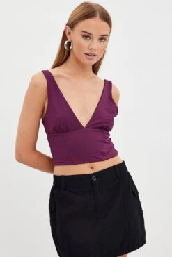 Purple Corset Detail Top Sleeveless Crop Slinky Jersey -FabWear Shop jd9215 81mb plum 3