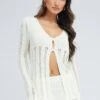 White Cardigan Long Sleeve V Neck Button Ladder Knitted