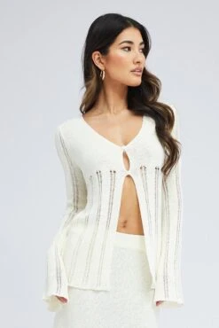 White Cardigan Long Sleeve V Neck Button Ladder Knitted 8 White Cardigan Long Sleeve V Neck Button Ladder Knitted -FabWear Shop kn0192x 40cb cream 3