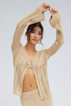 Beige Cardigan Long Sleeve V Neck Button Ladder Knitted -FabWear Shop kn0192x 40cb stone 3