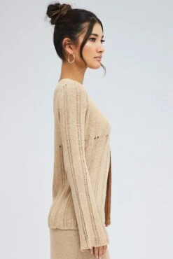 Beige Cardigan Long Sleeve V Neck Button Ladder Knitted -FabWear Shop kn0192x 40cb stone 4