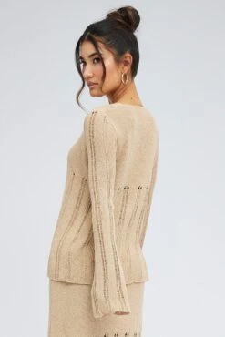 Beige Cardigan Long Sleeve V Neck Button Ladder Knitted -FabWear Shop kn0192x 40cb stone 5
