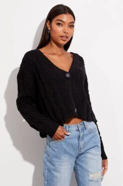 Black Oversized Cable Knit Cardigan -FabWear Shop kn1347 41jb black 3