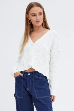 White Oversized Cable Knit Cardigan -FabWear Shop kn1347 41jb cream 3