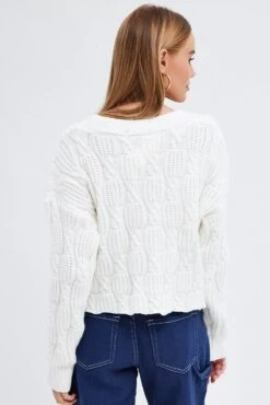 White Oversized Cable Knit Cardigan -FabWear Shop kn1347 41jb cream 5