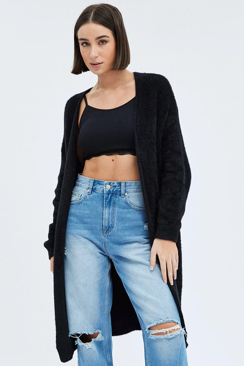 Black Longline Cardigan Fluffy 1 Black Longline Cardigan Fluffy