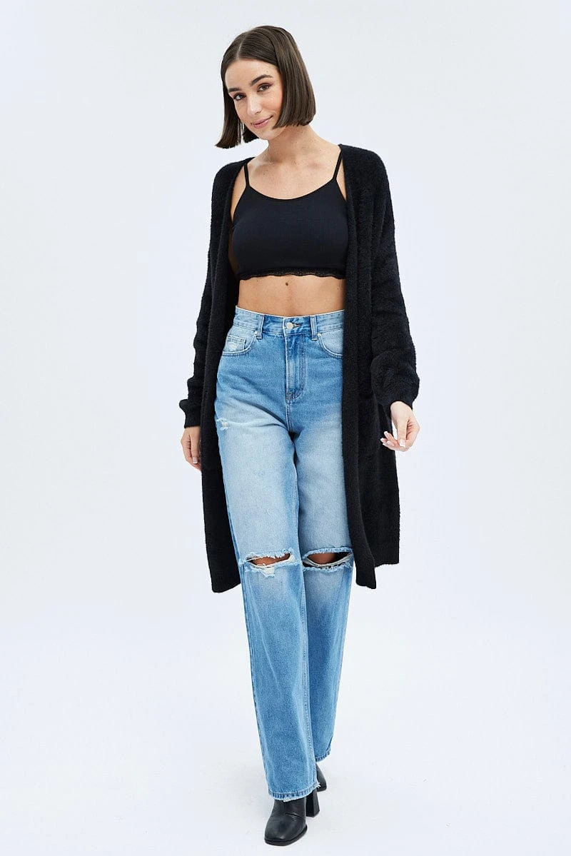 Black Longline Cardigan Fluffy 2 Black Longline Cardigan Fluffy - Image 2
