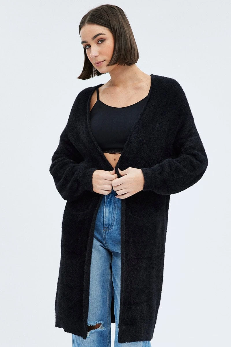 Black Longline Cardigan Fluffy 3 Black Longline Cardigan Fluffy - Image 3