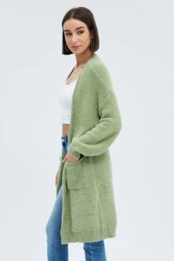 Green Longline Cardigan Fluffy 9 Green Longline Cardigan Fluffy -FabWear Shop kn1402a 41pb khaki 4