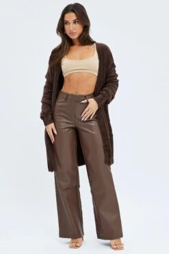 Brown Fluffy Longline Cardigan -FabWear Shop kn1427 45j chocolate 3