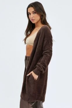 Brown Fluffy Longline Cardigan -FabWear Shop kn1427 45j chocolate 4