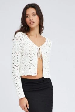 White Round Neck Long Sleeve Crochet Knit Cardigan -FabWear Shop kn1563 40j white 3